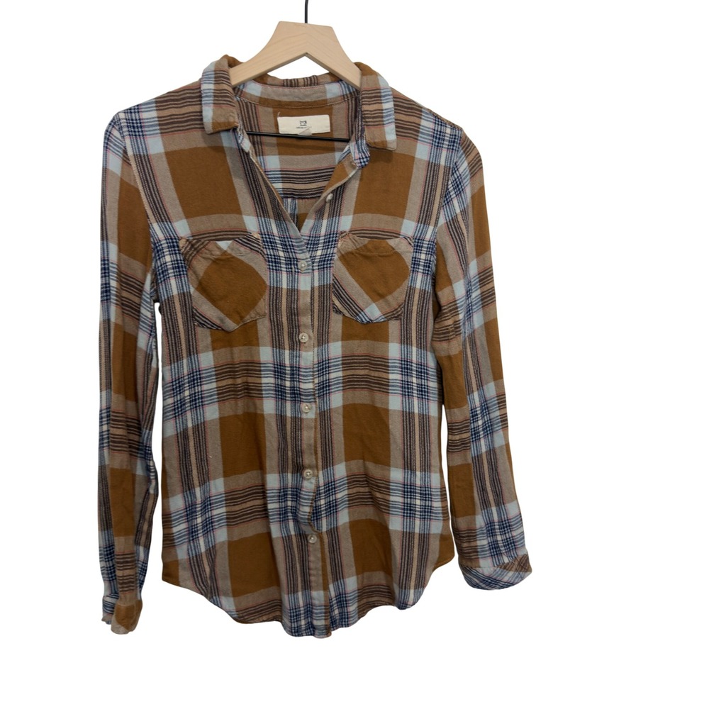Thread & Supply Mustard Navy Plaid Rayon Button Down‎ Shirt Womens Medium TPH900